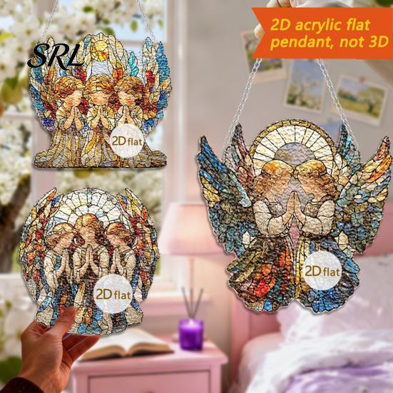 Christmas Cabin Hanging Decoration Moon-Shaped Wreath Acrylic Ornament, Butterfly Angel Floral Stained Glass Style Mosaic Waterproof Indoor Atmosphere