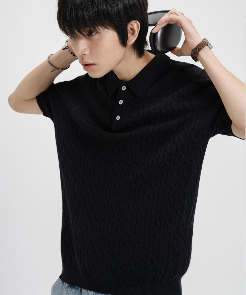 LEMAIN SECOND Oversized Washable Collared Cable Short Sleeve Knit [Black]