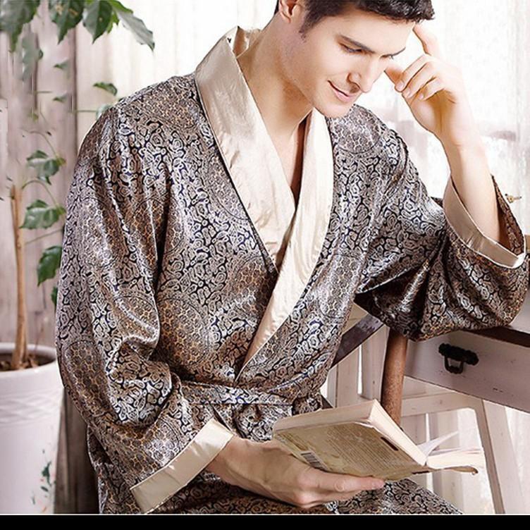 Свободный халат с v-образным вырезом, одежда для сна, весеннее мужское атласное кимоно для отдыха, ночная рубашка, халат, ночная рубашка, мужское платье с принтом, Золотая домашняя одежда