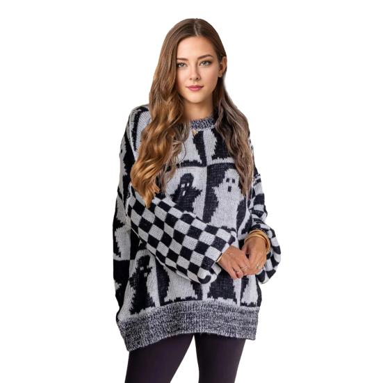 Женский свитер с круглым вырезом и длинным рукавом, эластичный трикотажный топ, свободный крой, узор в клетку, пуловер, топы, трикотаж
