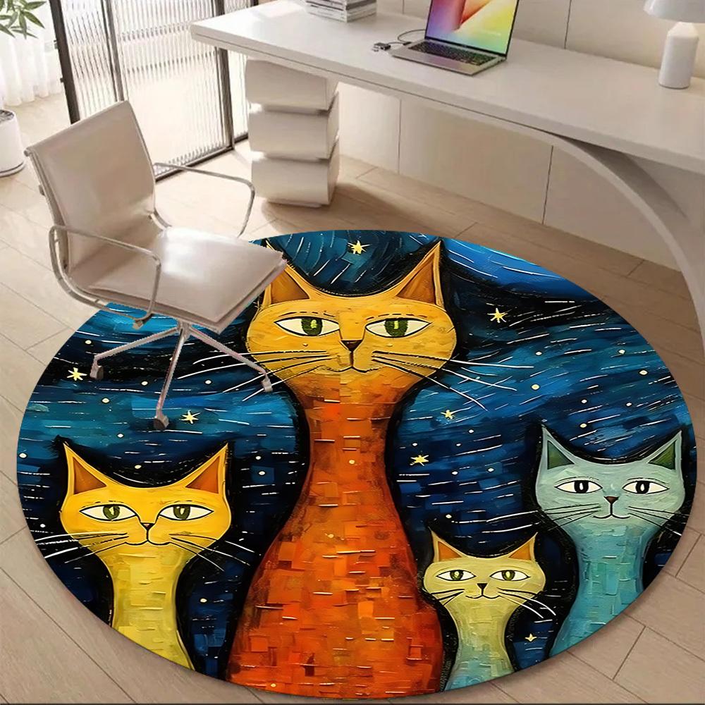 1pc Cat Family Office Round Area Rug, Indoor Mat Suitable ForOffice, Under Office Chairs Bedroom Living Room Home Decor, Room Deco D022