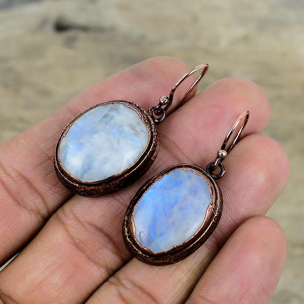 Серьги из радужного лунного камня, медные серьги, изготовленные методом гальванопластики, ювелирные изделия из натуральных драгоценных камней, серьги ручной работы, ювелирные изделия из гальванической меди, подарки для мамы