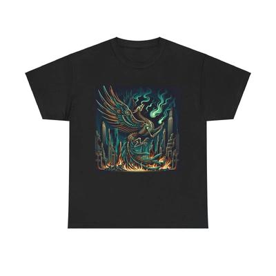 Adult T Shirt Art Deco Gothic Skeleton Phoenix Retro City Flames Cool Vintage Slightly Stylish Fashion Stretched