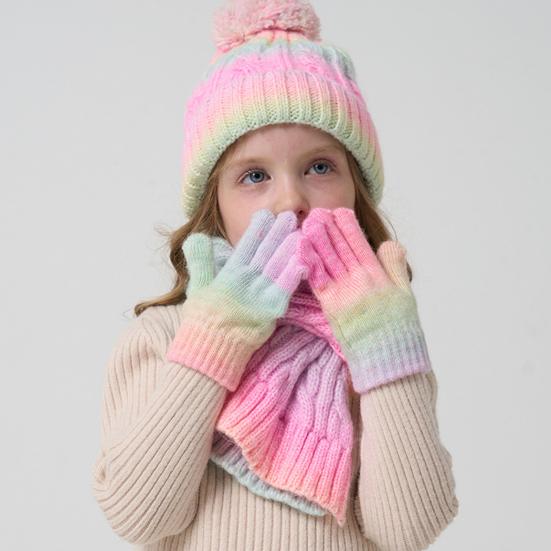 3Pcs/Set Kid Hat Scarf Gloves Set Rainbow Color Plush Ball Decor Knitted Hat Windproof Scarf Gloves Set Winter Accessories