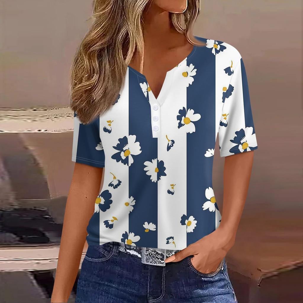 Жен. Футболка Футболка С принтом Пуговицы С короткими рукавами Повседневные Выходные Мода Классический V-образный вырез Обычный Верх