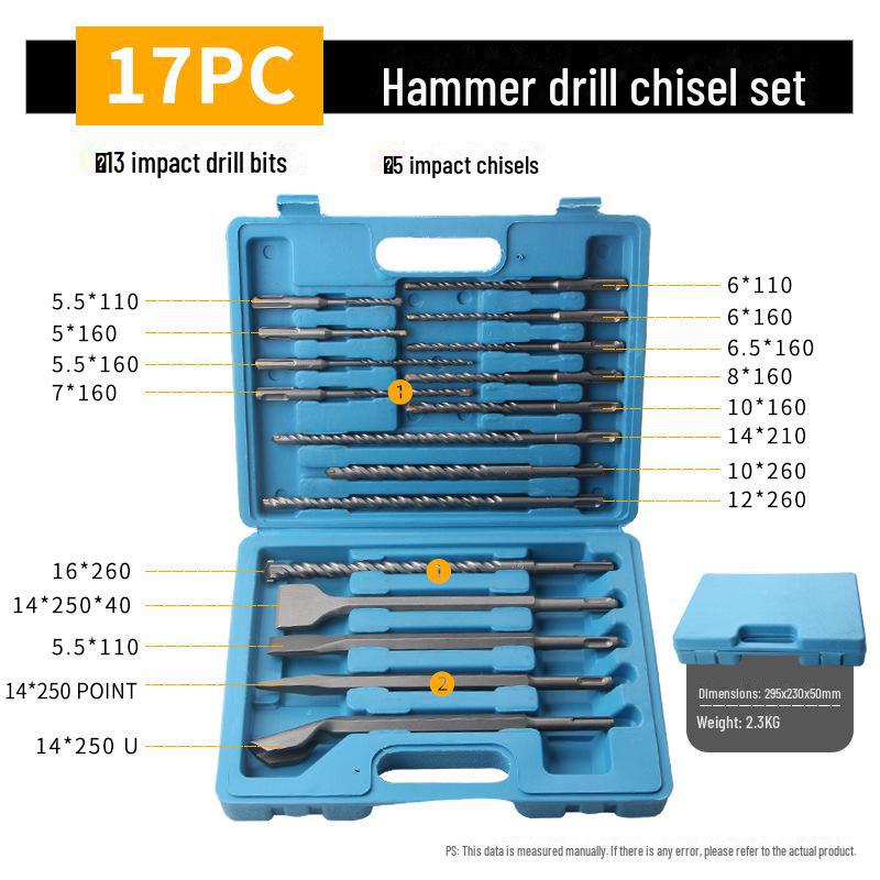 Набор из 17 ударных дрелей с круглой ручкой и зубил с пластиковым футляром для бетона, плоских и точечных зубил
