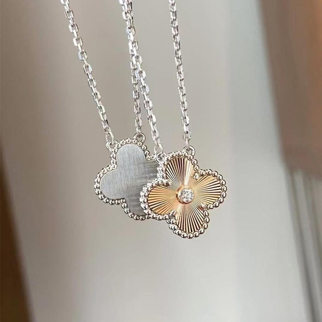 18K Gold Christmas Laser Four-Leaf Clover Necklace with CNC Carved Pendant & Sterling Silver Chain for Women