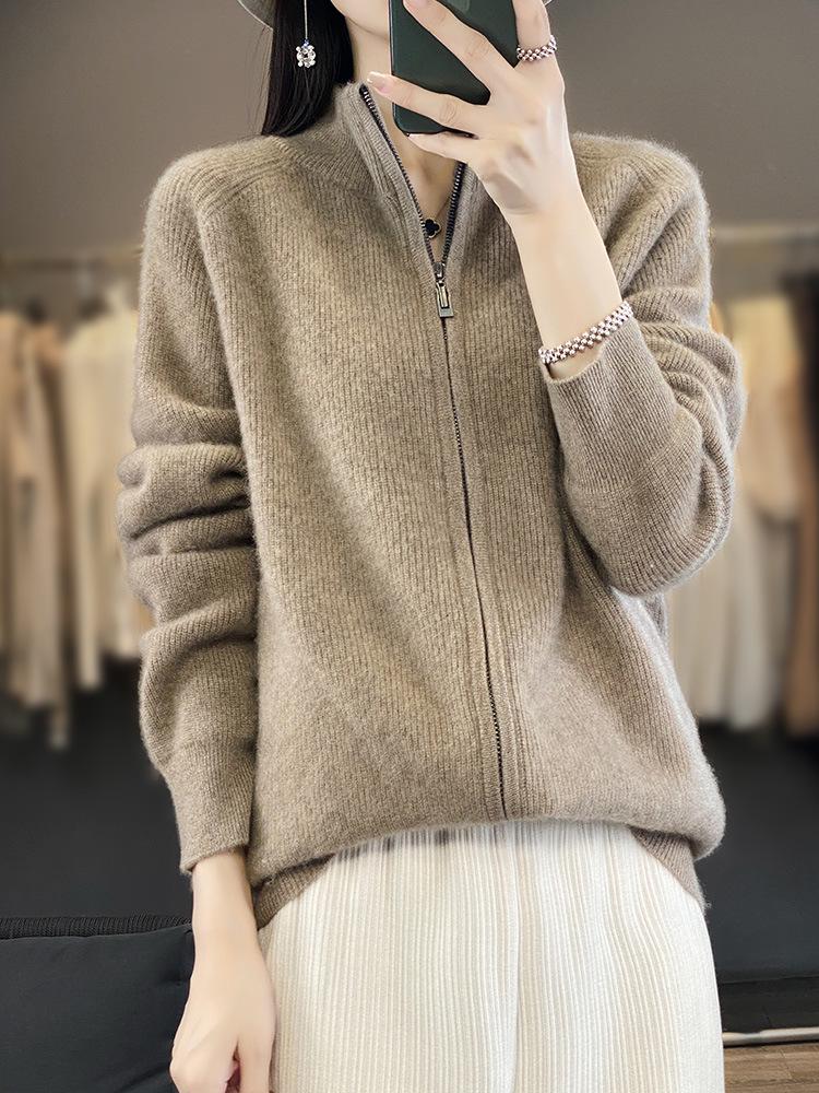 Ribbed Wool Knit Cardigan Coat with Raglan Sleeves - Loose, Slimming Base Layer for Autumn and Winter