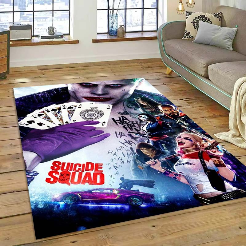 The Suicide Squad rug, inspired by the action movie, is suitable for living rooms, bedrooms, bedside areas, balconies, and other
