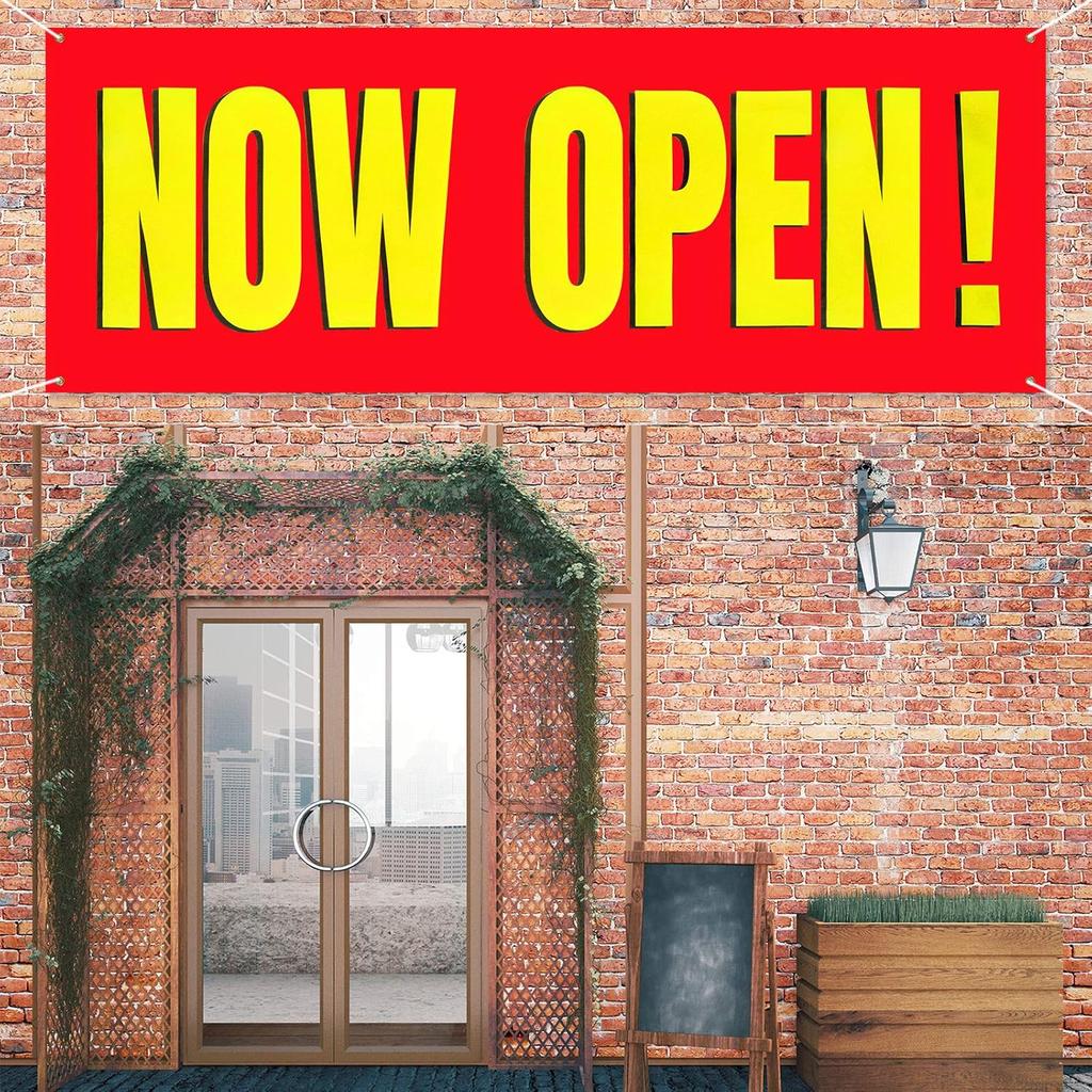 Large Now Open Banner Outdoor Indoor Signs Polyester Oxford Cloth Now Open Sign Hanging Banner for Lawn Outside Business Shop Decoration, 3 x 8