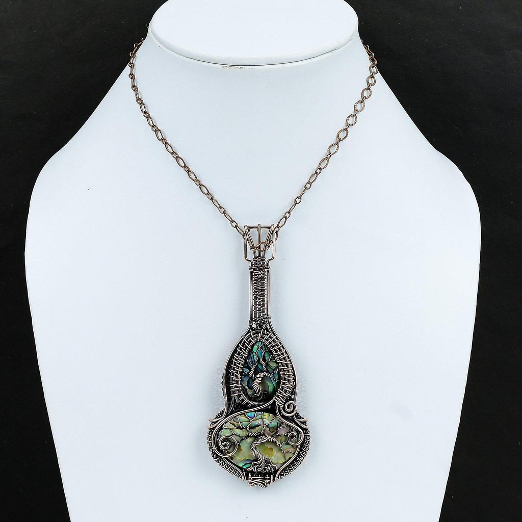 Кулон Дерево Жизни из раковины абалона, обернутый медной проволокой, кулон с драгоценным камнем, кулон ручной работы, украшения, обернутые медной проволокой, кулон в виде гитары для подарка