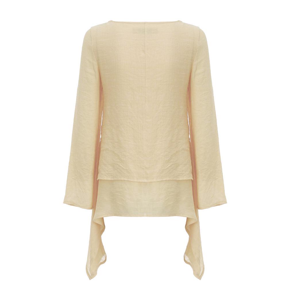Women Fashion Plus Size Irregular Casual Linen Long Sleeve Neck Blouse