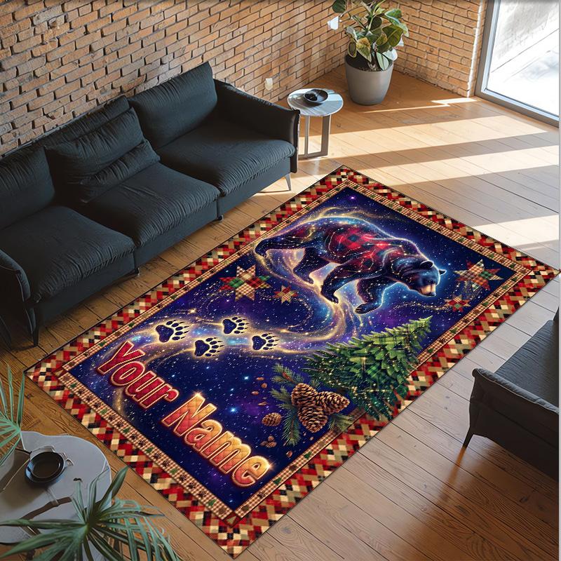 Teddy Bear Theme Crystal Velvet Rug Personalized Custom Name Text Soft Floor Mat Home Decor