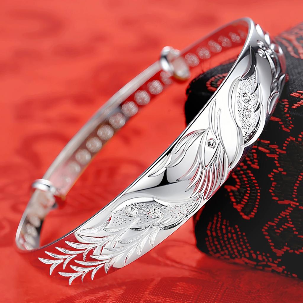 Silver jewelry phoenix flying bracelet jewelry Hand-carved and engraved single phoenix push-pull bracelet