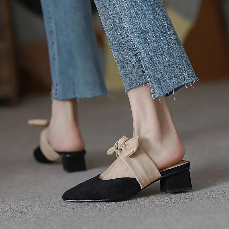 Fashion New Pointed Female Butterfly-Knot Women 2024 Slippers Casual Square Heel Loafers