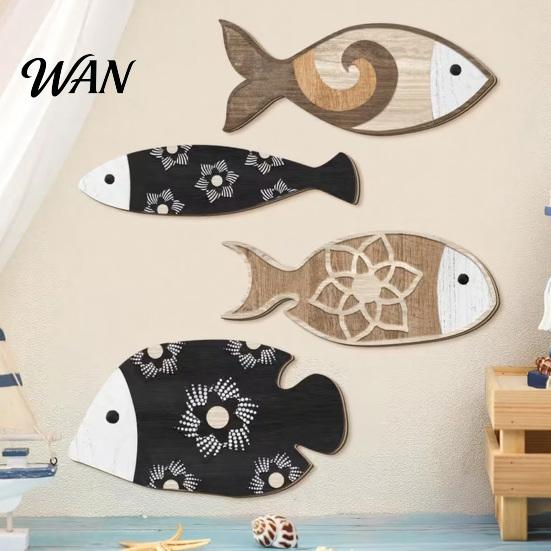 Bohemian Fish Decorations 4 Pcs Rustic Wall Art Wooden Hanging Decor Nautical Beach Sculpture for Coastal Ocean Bathroom Home Multi-style Set