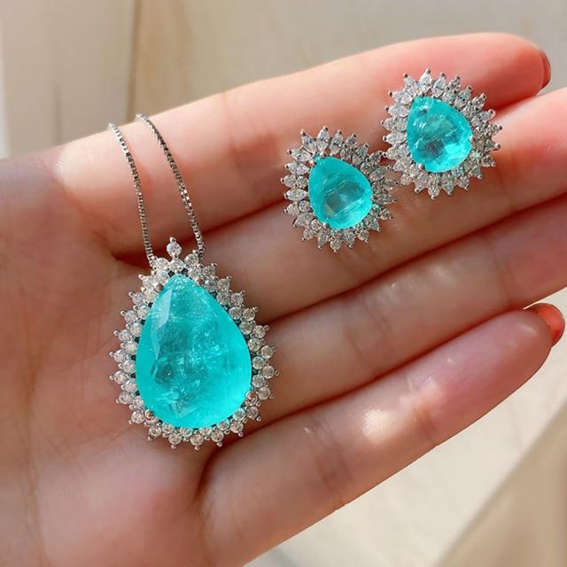 Romantic Sterling Silver 925 Sterling Silver Paraiba Tourmaline Emerald Stone Pendant Necklace Lab Zircon Chain Women's High Jewelry Gift