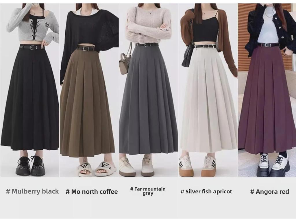 Women's High-Waist Gray Wool A-Line Skirt - Autumn/Winter Pleated, Elegant Slim-Fit.