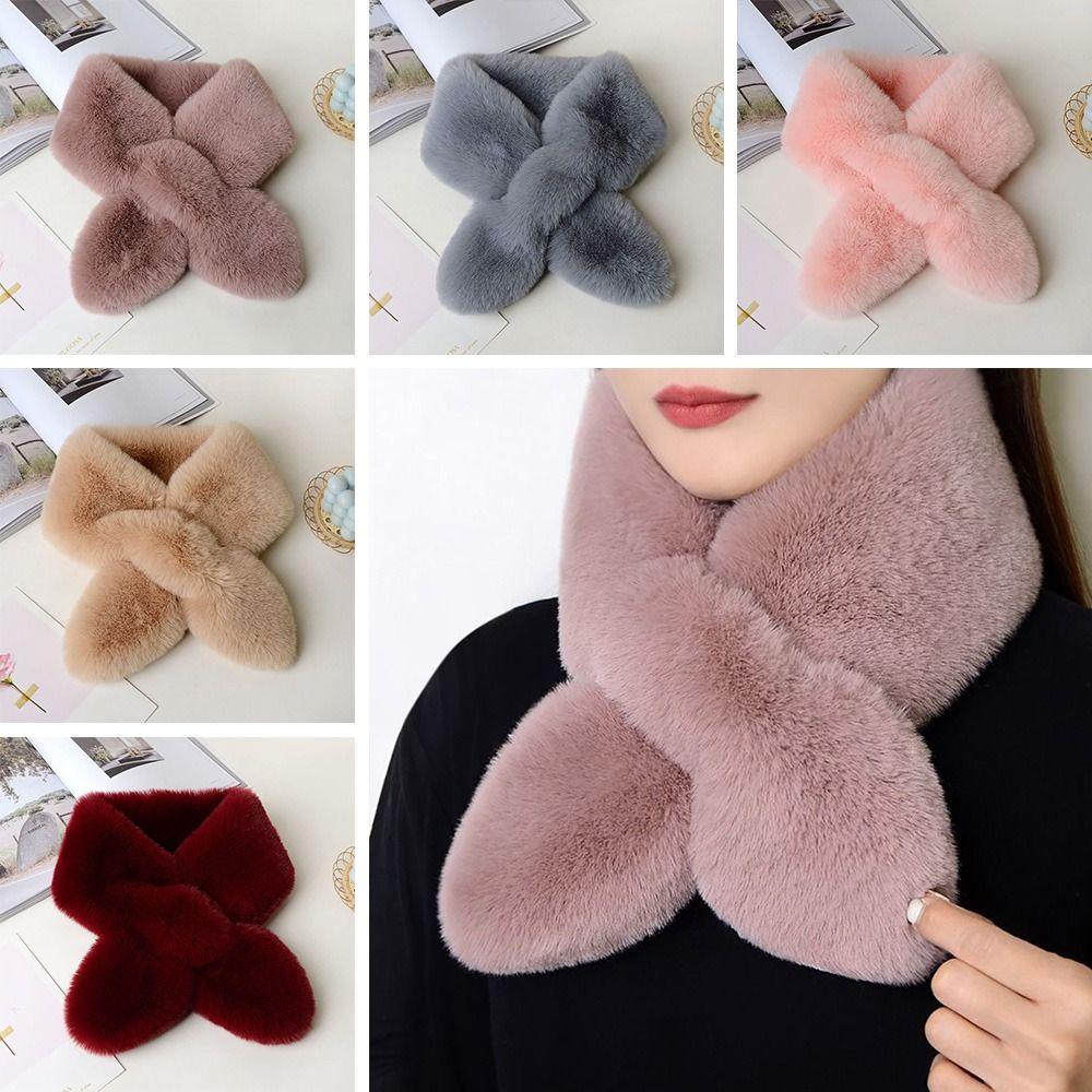Faux Rabbit Fur Plush Cross Scarf Solid Color Neckerchief Wrap Winter Warm Neck Scarf  Girls