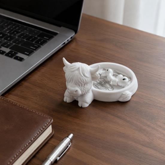Cute Storage Solution Highland Cow Jewelry Tray, Round Tray 3D Printed Desktop Unique Handicraft Gift Organizer, Decorative Tabletop Container