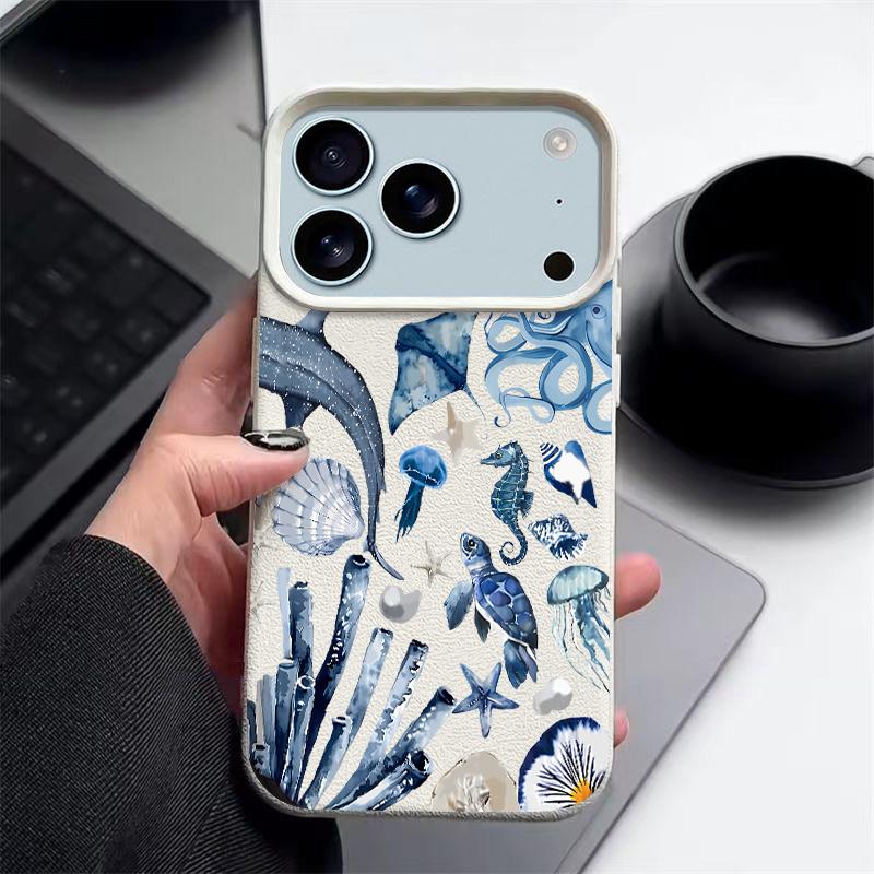 Чехол для телефона Ocean Seashell Whale для iPhone Air 17 16 15 14 13 12 Pro Max 17 16 Pro 11 16e с текстурой кожи, противоударная крышка из ТПУ