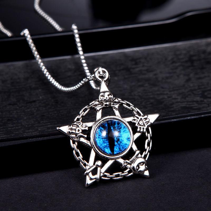 Retro Hip-Hop Five-Pointed Star & Skull Pendant with Turkish Blue Evil Eye Necklace