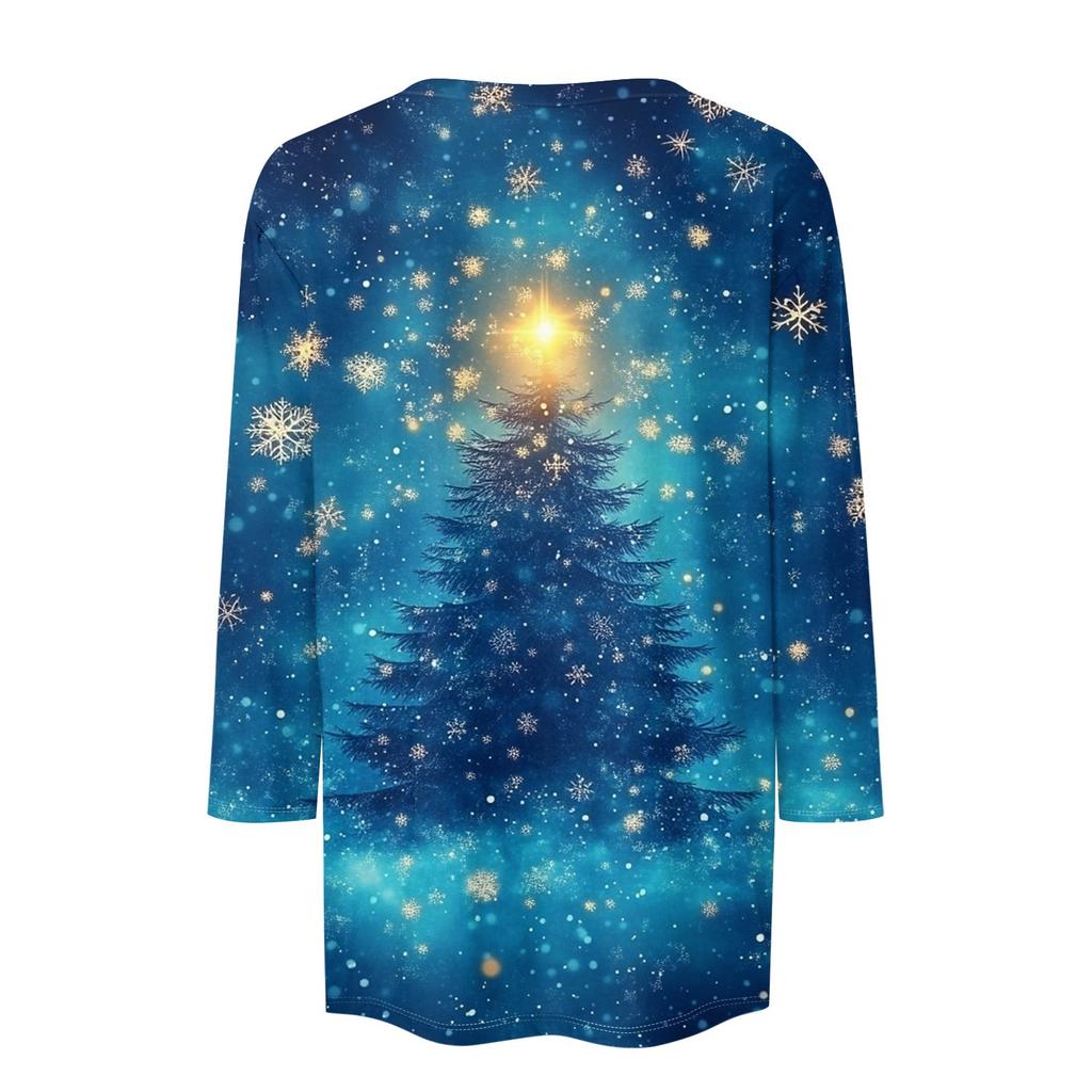 Женская повседневная футболка с круглым вырезом и рождественским принтом снежинок, рукав три четверти, топ, пуловер