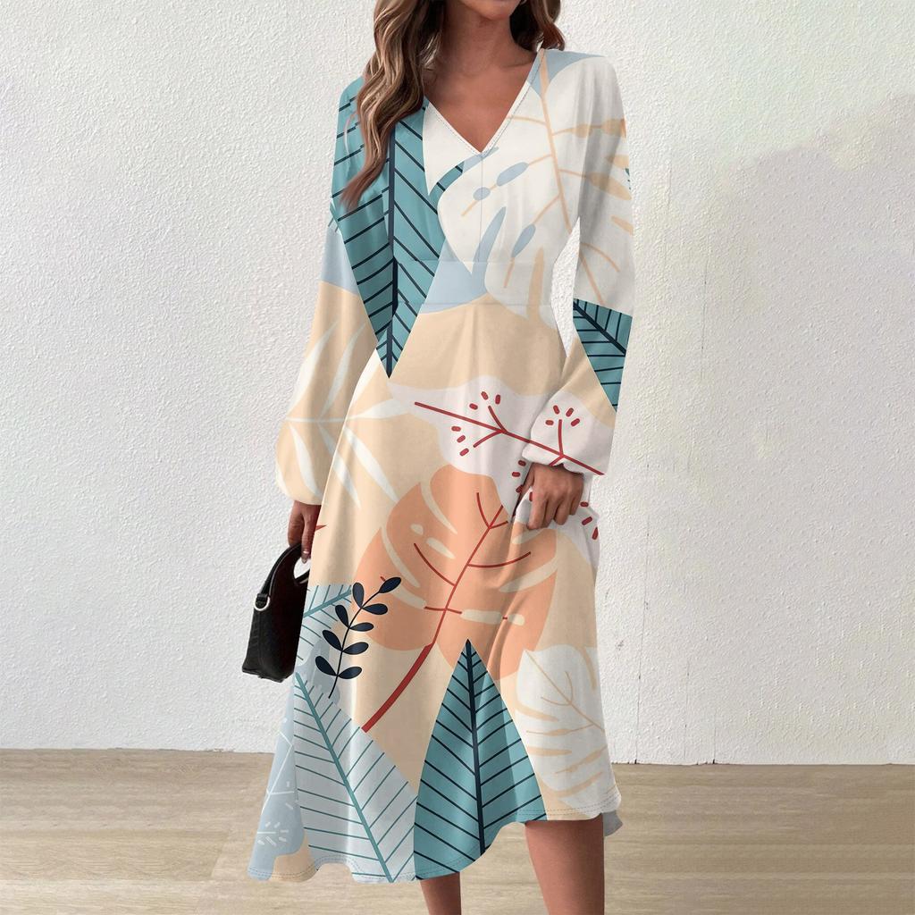 Женское осеннее и зимнее повседневное модное длинное платье с v-образным вырезом и длинным рукавом с цветочным принтом