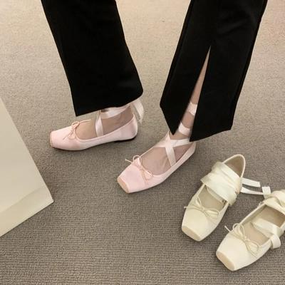 Новые женские балетки с перекрестным ремешком и бантом, неглубокие, милые, для танцев, Мэри Джейн, с квадратным носком, женская одиночная обувь для вечеринок и улицы