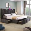 (=AB20485152G)Upholstered Bed with USB Charging Function Headboard and 4 Drawers, Double 160x200cm Bed, Wooden Slatted Frame, Grey (Without Mattress)