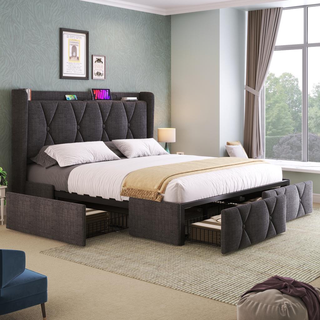 (=AB20485152G)Upholstered Bed with USB Charging Function Headboard and 4 Drawers, Double 160x200cm Bed, Wooden Slatted Frame, Grey (Without Mattress)