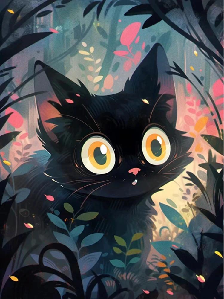 Абстрактное Звездное Небо и Черный Кот Постеры и Принт Холст Живопись Настенное Искусство Картины Для Гостиной Дома Фреска Украшение Подарок