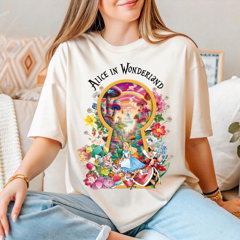 Fashion 2026 New Alice in Wonderland Movie Print Womens High Quality Loose Plus Size Cotton Short Sleeve