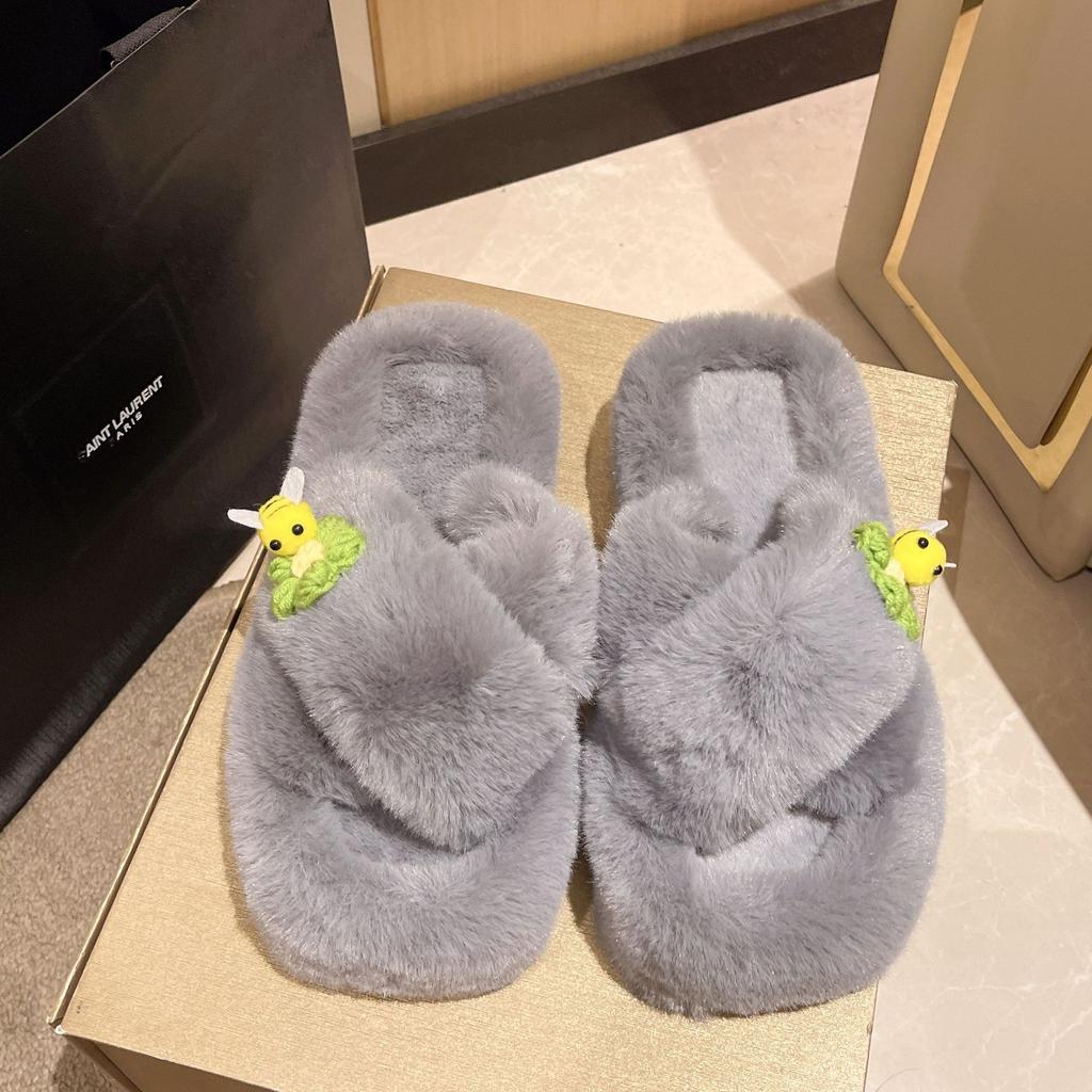 Женские домашние повседневные пушистые тапочки Little Bee для дома, женские шлепанцы, пушистая обувь, перекрестные слайдеры, женские мягкие плюшевые тапочки 2024