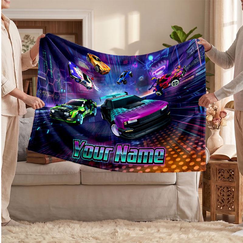 Rocket League Personalized Flannel Blanket, Custom Printed Text Name, Warm Soft Blanket For Couch Bed