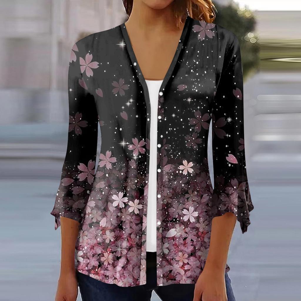 Женская модная свободная повседневная блузка на пуговицах с рукавами из семи частей и принтом, кардиган, топ