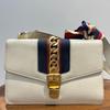 [Pre-Owned] Sylvie Gold Buckle Striped Web Satin Bow Wide Shoulder Strap Leather Handbag - Good #1PQFJDM