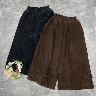 Японский вельветовый грибок отделка широкие брюки осенние кружева пэчворк повседневные брюки женские