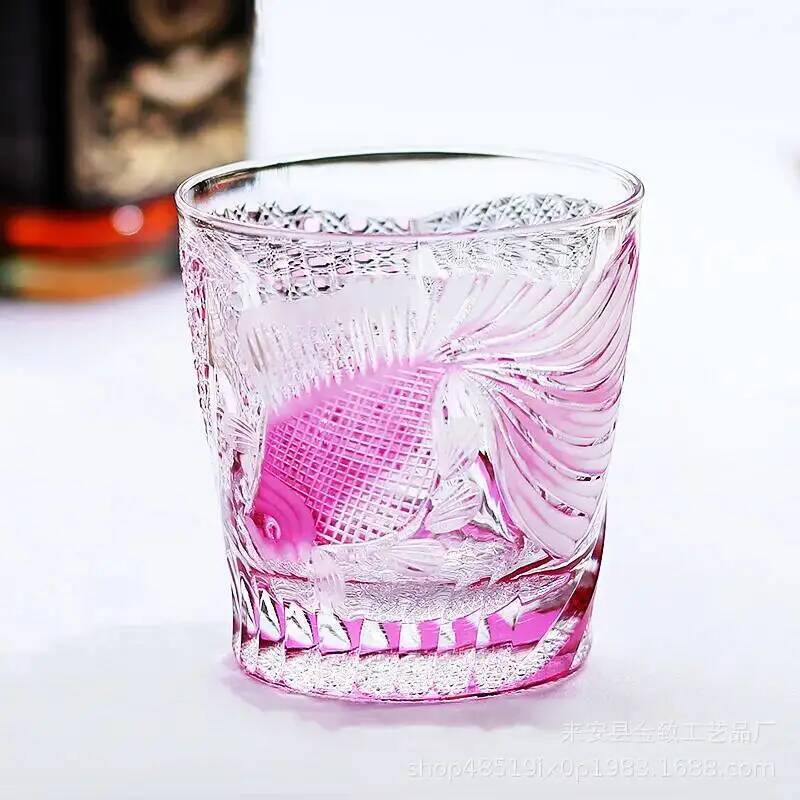 Pink Crystal Wine Glass Exquisite Carving Goldfish Edo Kiriko Wineglass Whiskey Cup Brandy Snifter Whisky Rock Tumbler For Women