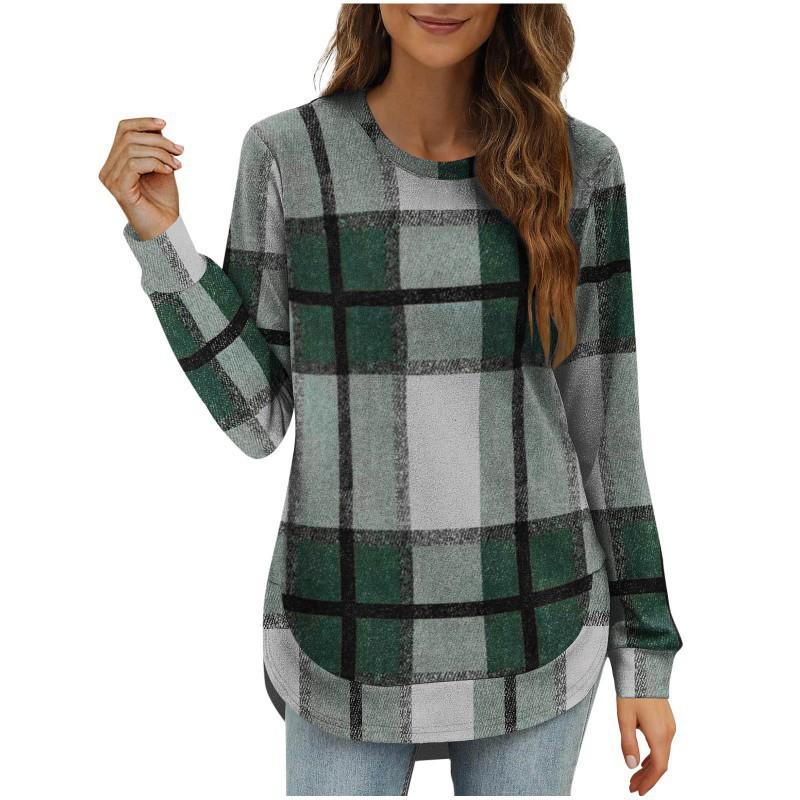 2026 Women's Casual Loose Plaid Long Sleeves Round Neck Irregular Bottled Shirt Top