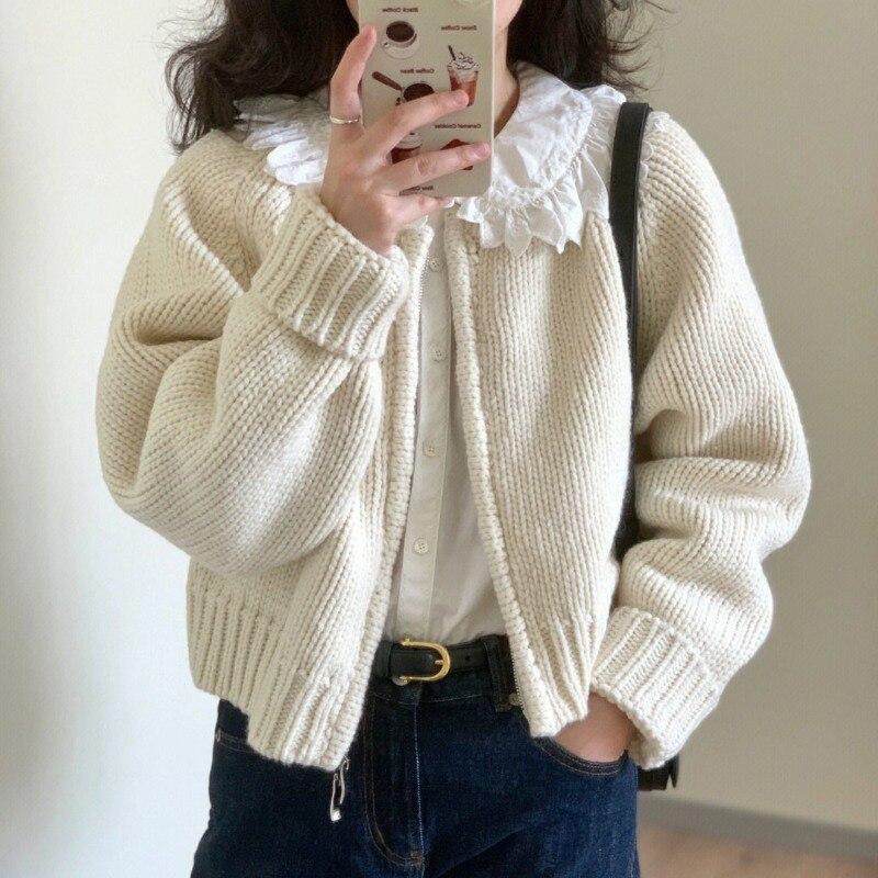 Зимний однотонный вязаный кардиган, женские куртки, милые укороченные свитера на молнии, корейские винтажные повседневные свободные короткие трикотажные пальто 28975