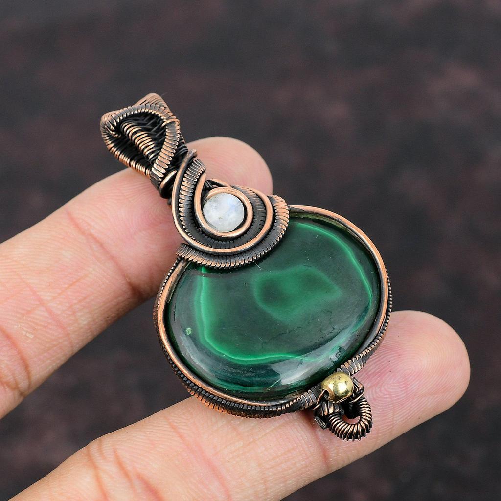 Малахитовая медная проволочная обертка, радужный лунный камень, драгоценный камень, ручная работа, проволочная обертка, дизайнерская подвеска, медные украшения для подарка