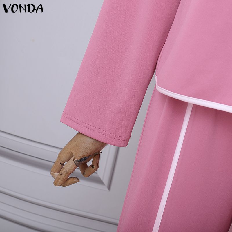 VONDA Женский костюм из двух предметов Ретро Сшитая блузка с длинным рукавом и брюки Повседневные офисные комплекты