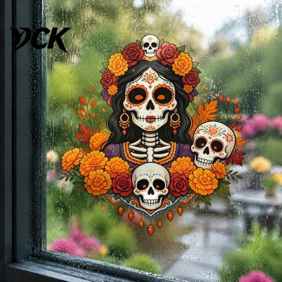 Waterproof PVC Window Murals Day of The Dead Clings, Dia De Los Muertos Sticker, Colorful Removable Holiday Glass Clings Sugar Skull with Flowers