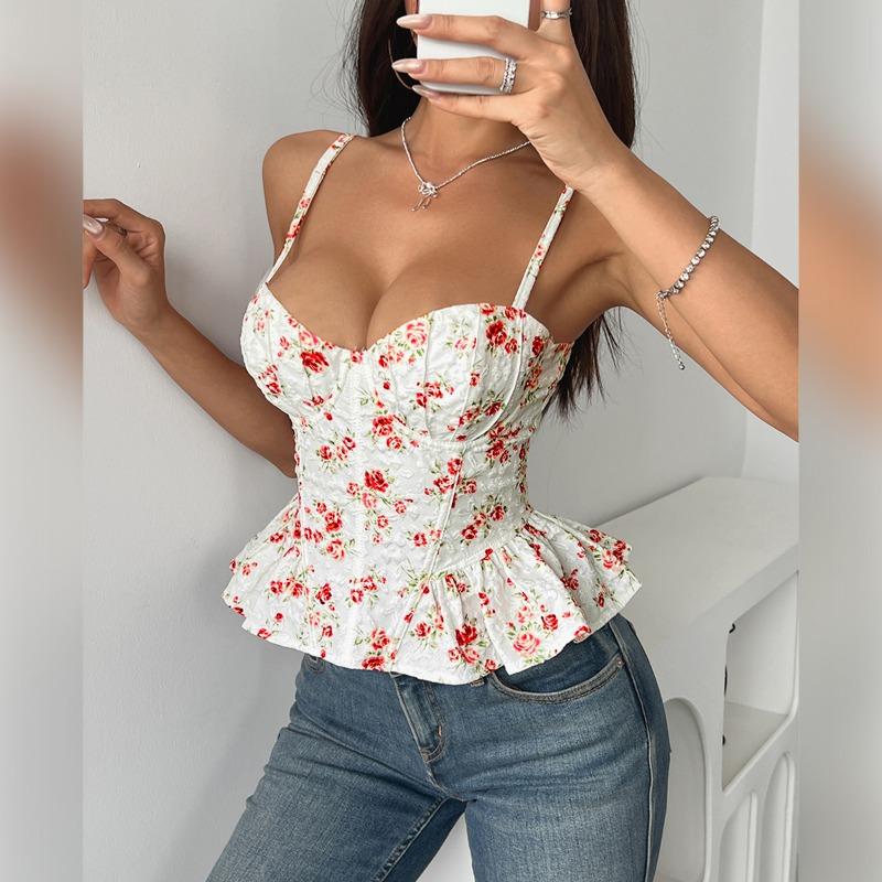 Women's Summer Flower Irregular Flounces Slim New Sexy Backless Lace Up Wrap Top