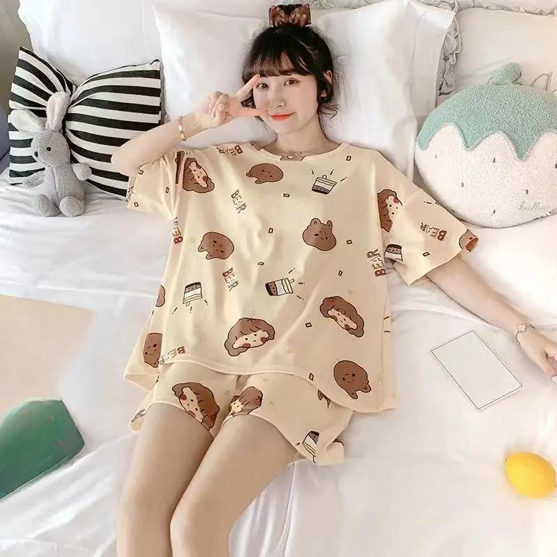 Женский пижамный комплект Милая одежда для сна с рисунком из мультфильмов Топы и шорты Пижамный комплект из 2 предметов Домашняя одежда Одежда для сна Одежда для отдыха на осень