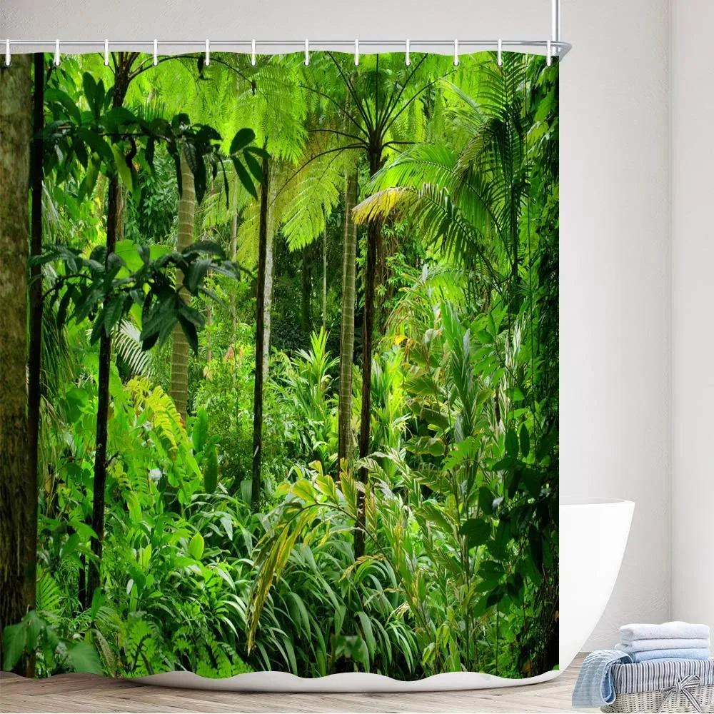 Tropical Rainforest Shower Curtains Forest Plants Rustic Nature Scenery Bath Curtain Garden Wall Hanging Bathroom Decor Hooks