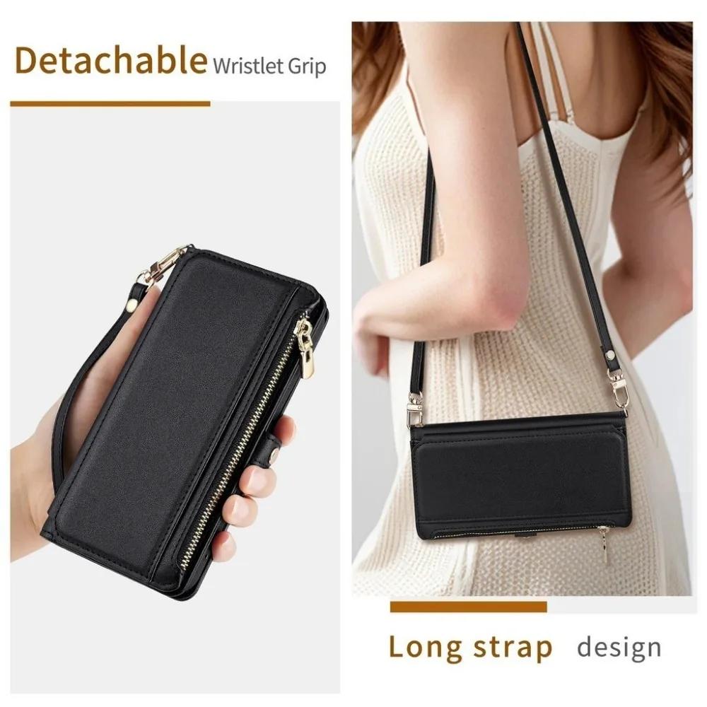 Long Strap Crossbody Leather Case For Google Pixel 10 Pro XL Pixel 9 Pro 9A 8 8A 7 7A 6 6A Zipper Wallet Card Stand Phone Cover