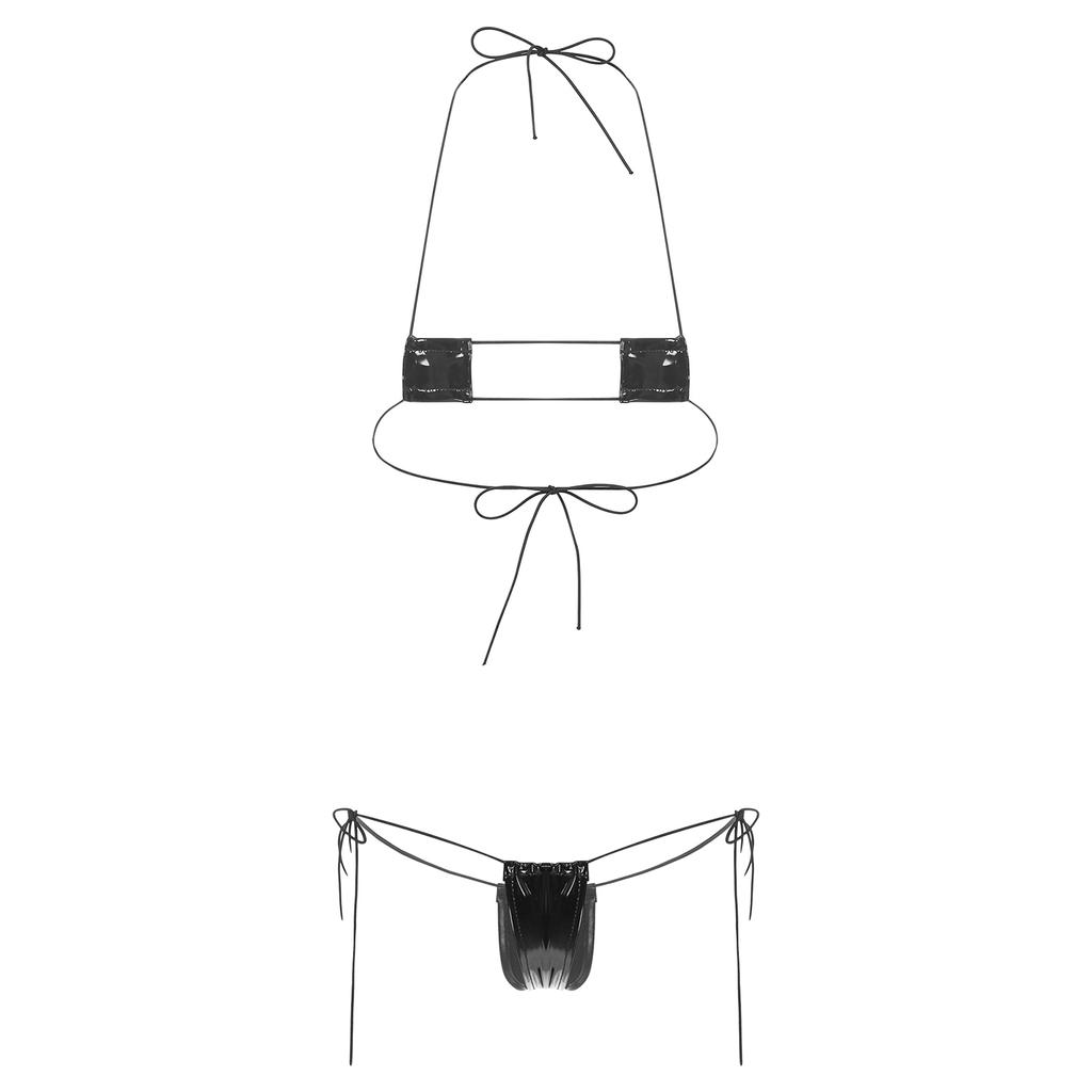 Womens Wet Look Halter Bikini Set High Shine Micro G-string with Adjustable Lace-Up Bra