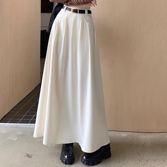 Women Skirt Elegant Flared A-Line Midi Skirt with Pockets Fashionable Solid Color Lady Skirt for Autumn